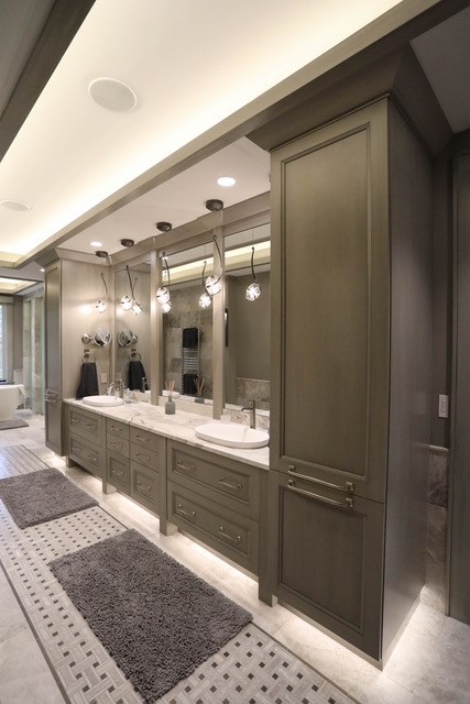 Custom double vanity with tall linen towers