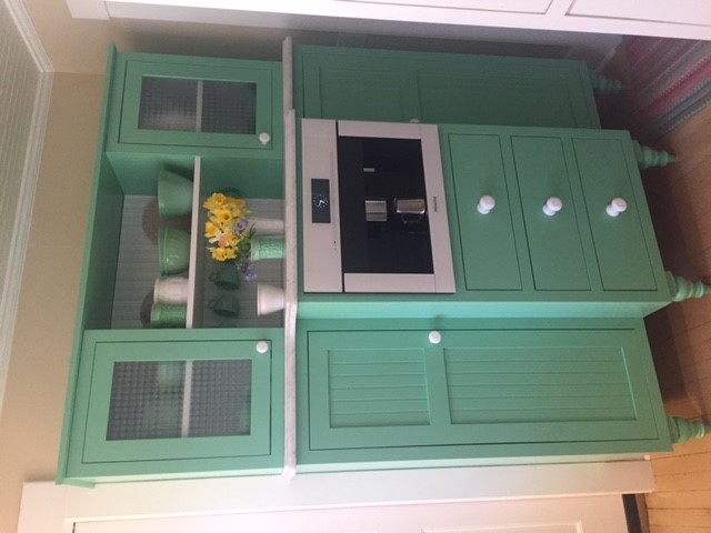 Mint green freestanding custom hutch with built-in coffee maker