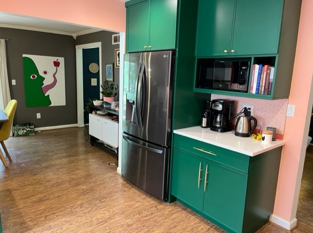 Emerald kitchen with built-in coffee station