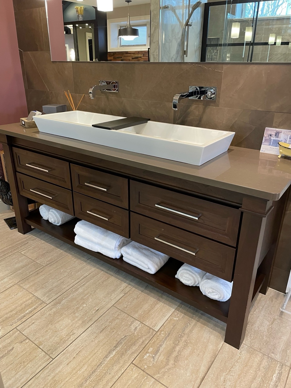 Walnut furniture-style vanity with vessel sink